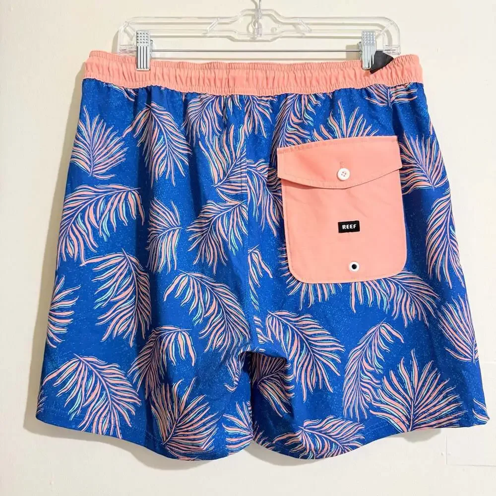 Reef Men's Blue Pink Tropical Palm Print Swim Trunks Board Shorts Beach Surf M